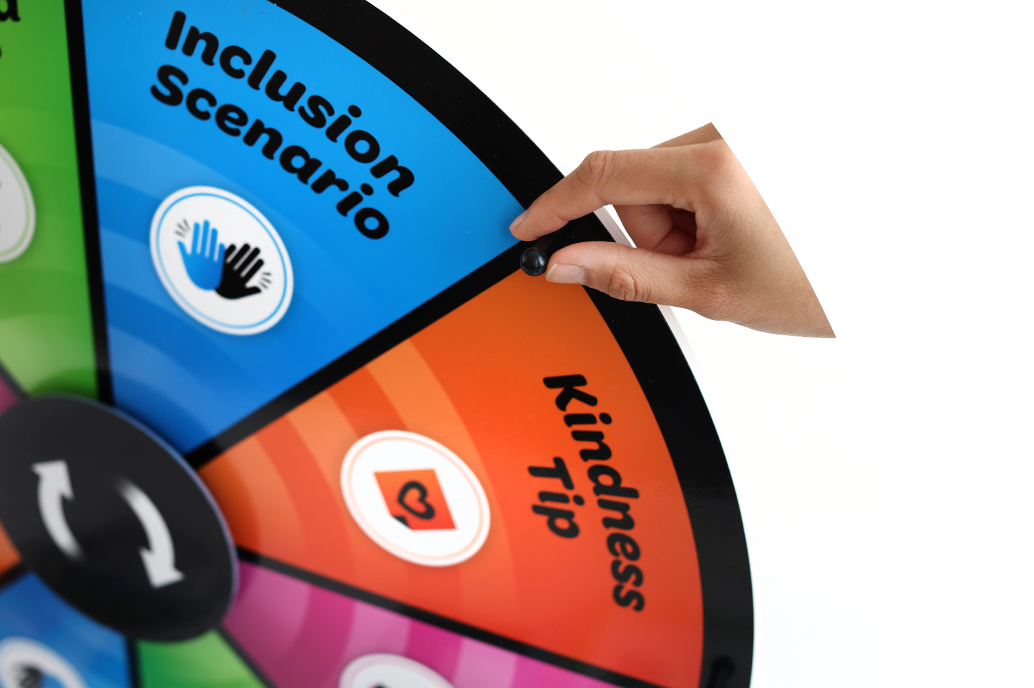 Close-up of the colourful Spinclusion spinner wheel