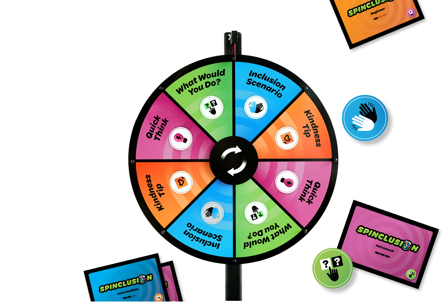 Spinclusion spinner wheel and game materials